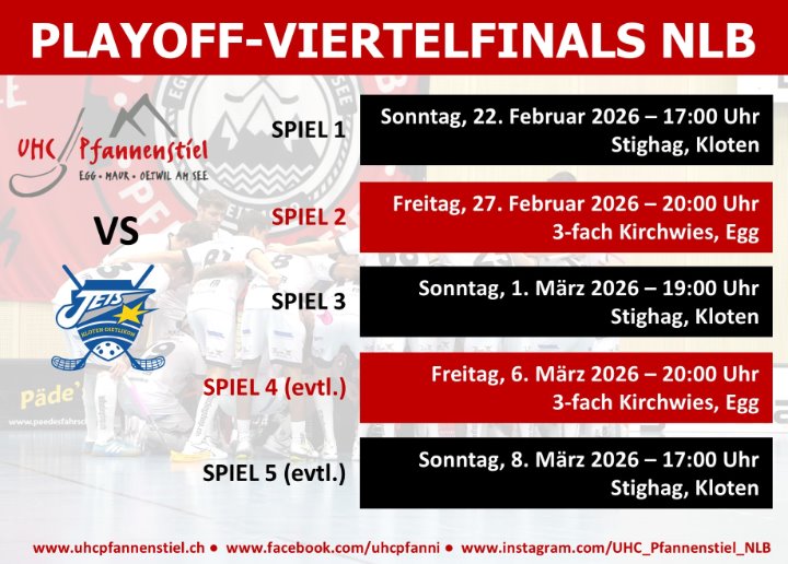 Termine der NLB-Playoff-Viertelfinal-Derby-Serie UHC Pfannenstiel – Kloten-Dietlikon Jets Termine der NLB-Playoff-Viertelfinal-Derby-Serie UHC Pfannenstiel – Kloten-Dietlikon Jets
